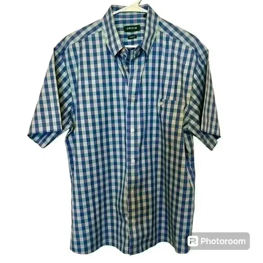 Orvis Blue Green Check Plaid Short Sleeve Button Down Shirt Size Large - Picture 15 of 15